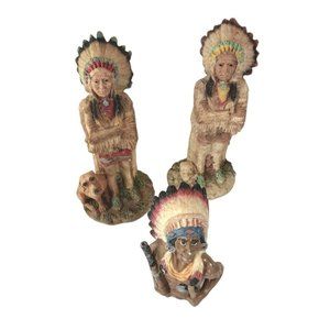 Native American Indian Chief Figure Resin Brave‎ With Dog Lot of 3